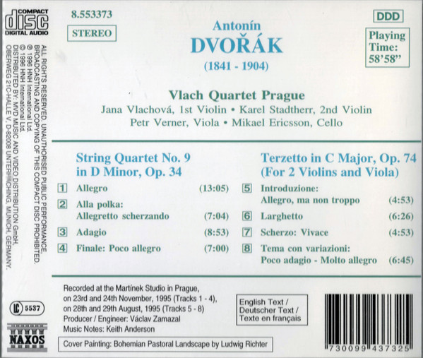 Antonín Dvořák, Vlach Quartet Prague - String Quartet, Op. 34 / Terzetto, Op. 74 (CD) (Near Mint (NM or M-)) - Image 2