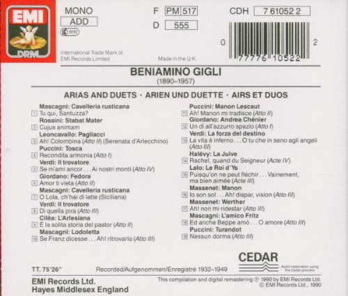 Beniamino Gigli - Arias and Duets (CD, Comp, Mono, RM) (Near Mint (NM or M-)) - Image 2