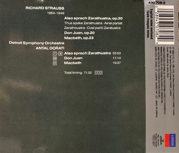 Richard Strauss, Detroit Symphony Orchestra - Antal Dorati - Also Sprach Zarathustra / Macbeth (CD, RE) (Near Mint (NM or M-)) - Image 2