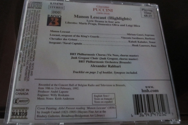 Giacomo Puccini - Miriam Gauci, Vicente Sardinero, Kałudi Kałudow, Belgian Radio And Television Choir, Jaak Gregoor Choir, Belgian Radio And Television Philharmonic Orchestra, Alexander Rahbari - Manon Lescaut (Highlights) (CD, Album, RE) (Near Mint (NM or M-)) - Image 3