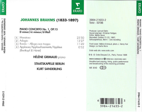 Johannes Brahms / Hélène Grimaud, Staatskapelle Berlin, Kurt Sanderling - Concerto No. 1 Op. 15 (CD, Album) (Near Mint (NM or M-)) - Image 2