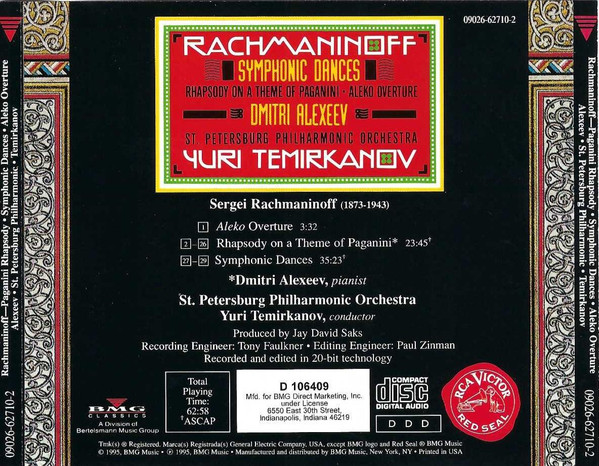Sergei Vasilyevich Rachmaninoff – Dmitri Alexeev, Leningrad Philharmonic Orchestra, Yuri Temirkanov - Symphonic Dances • Rhapsody on a Theme of Paganini • Aleko Overture (CD, Album, Club) (Near Mint (NM or M-)) - Image 3