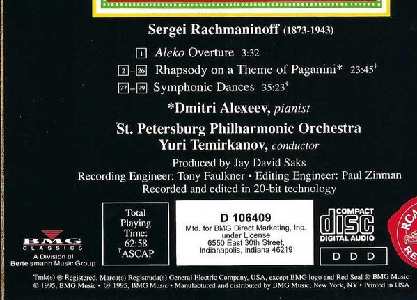 Sergei Vasilyevich Rachmaninoff – Dmitri Alexeev, Leningrad Philharmonic Orchestra, Yuri Temirkanov - Symphonic Dances • Rhapsody on a Theme of Paganini • Aleko Overture (CD, Album, Club) (Near Mint (NM or M-)) - Image 4