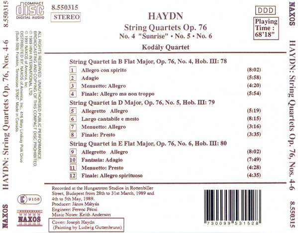 Joseph Haydn - Kodály Quartet - String Quartets Op. 76 (No. 4 "Sunrise" • No. 5 • No. 6) (CD) (Near Mint (NM or M-)) - Image 2