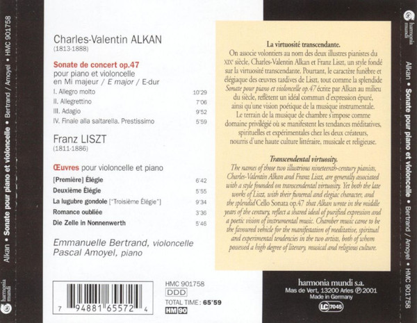 Charles-Valentin Alkan • Franz Liszt - Emmanuelle Bertrand, Pascal Amoyel - Sonata For Cello And Piano / Works For Cello And Piano (CD, Album) (Near Mint (NM or M-)) - Image 2