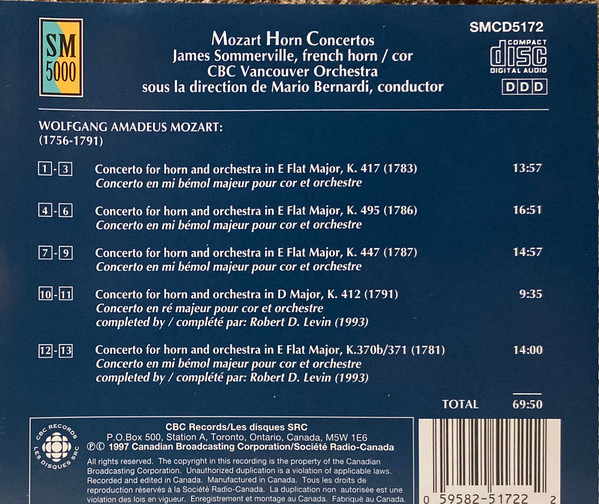 James Sommerville, CBC Vancouver Orchestra, Mario Bernardi (2) - Mozart Horn Concertos (CD) (Near Mint (NM or M-)) - Image 2