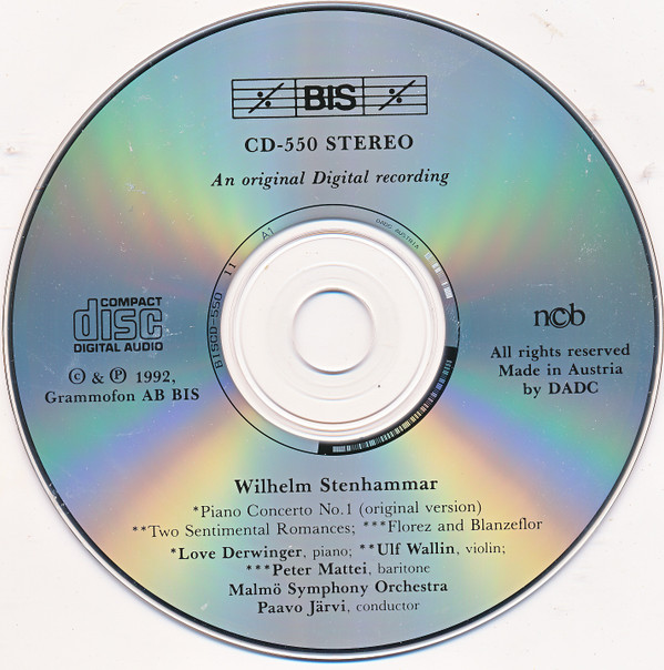 Wilhelm Stenhammar, Love Derwinger, Ulf Wallin, Peter Mattei, Malmö Symphony Orchestra, Paavo Järvi - Piano Concerto No. 1 In B Flat Minor. Op. 1 (Original Version) / Two Sentimental Romances, Op. 28, For Violin & Orchestra / Florez And Blanzeflor, Op. 3, For Baritone & Orchestra (CD) (Near Mint (NM or M-)) - Image 3