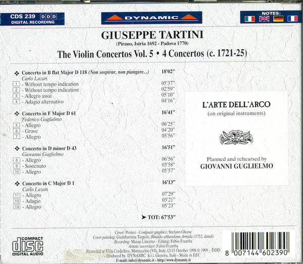Giuseppe Tartini, L'Arte Dell'Arco, Giovanni Guglielmo - The Violin Concertos Vol. 5 "Non Sospirar, Non Piangere ..." (CD) (Near Mint (NM or M-)) - Image 2