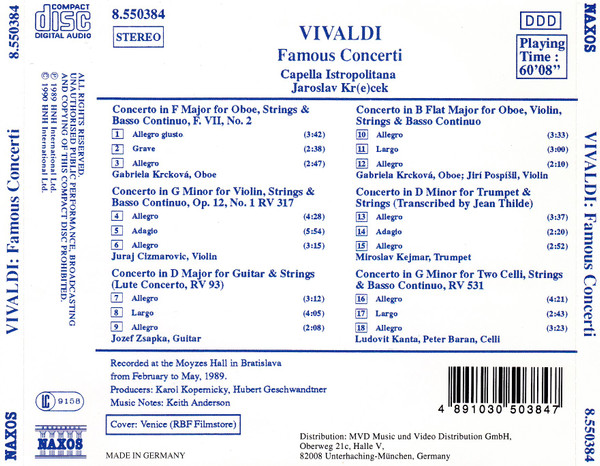 Antonio Vivaldi - Capella Istropolitana, Jaroslav Krček - Famous Concerti (Berühmte Konzerte • Concertos Célèbres) (CD, Album, RE) (Near Mint (NM or M-)) - Image 2