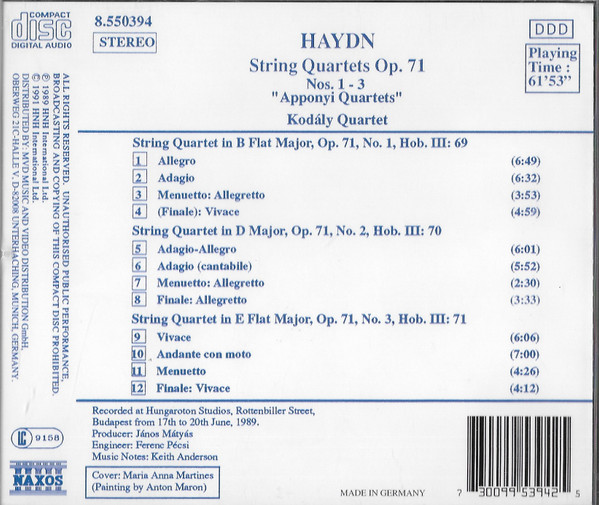Joseph Haydn - Kodály Quartet - String Quartets Op. 71, Nos 1 - 3 "Apponyi Quartets" (CD, Album) (Near Mint (NM or M-)) - Image 2
