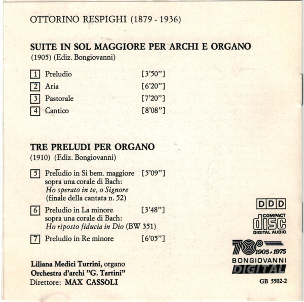 Ottorino Respighi, Orchestra D'Archi "G. Tartini", Max Cassoli - Suite In Sol Maggiore Per Archi E Organo; Tre Preludi Per Organo (CD) (Near Mint (NM or M-)) - Image 2