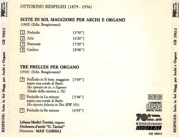 Ottorino Respighi, Orchestra D'Archi "G. Tartini", Max Cassoli - Suite In Sol Maggiore Per Archi E Organo; Tre Preludi Per Organo (CD) (Near Mint (NM or M-)) - Image 3