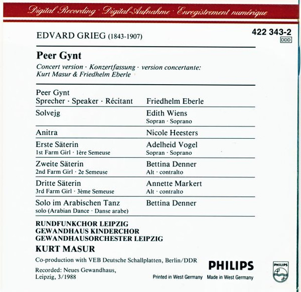 Edvard Grieg - Kurt Masur - Gewandhausorchester Leipzig - Peer Gynt (CD, Album) (Near Mint (NM or M-)) - Image 2