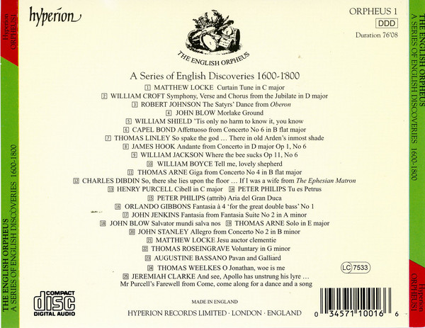 Various - The English Orpheus (A Series Of English Discoveries, 1600-1800) (CD, Comp) (Near Mint (NM or M-)) - Image 2