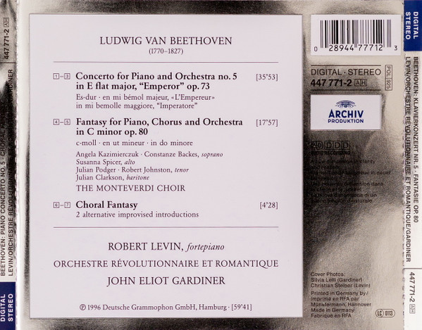 Ludwig van Beethoven, The Monteverdi Choir, Orchestre Révolutionnaire Et Romantique, John Eliot Gardiner ∙ Robert Levin - Piano Concerto No.5 "Emperor" / Choral Fantasy (CD) (Near Mint (NM or M-)) - Image 2