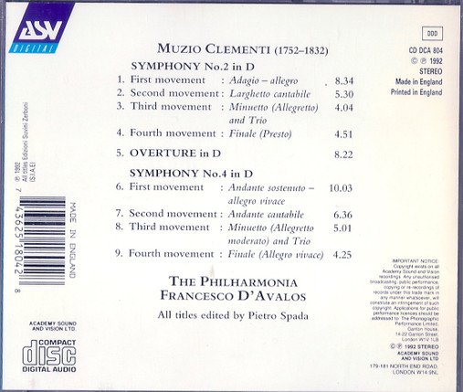 Muzio Clementi – Philharmonia Orchestra, Francesco D'Avalos - Clementi Symphonies Nos. 2 & 4 Volume 3 (CD) (Near Mint (NM or M-)) - Image 2