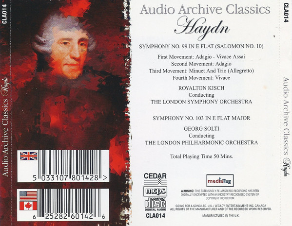 Joseph Haydn, London Symphony Orchestra Conducted By Royalton Kisch / London Philharmonic Orchestra Conducted By Georg Solti - Symphony No. 99 In E Flat (Salomon No. 10) / Symphony No. 103 In E Flat Major (CD, Comp, Mono, Copy Prot., RM) (Near Mint (NM or M-)) - Image 2