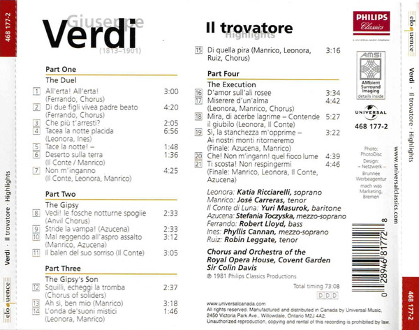 Giuseppe Verdi - Il Trovatore (Highlights) (CD, Album) (Near Mint (NM or M-)) - Image 2