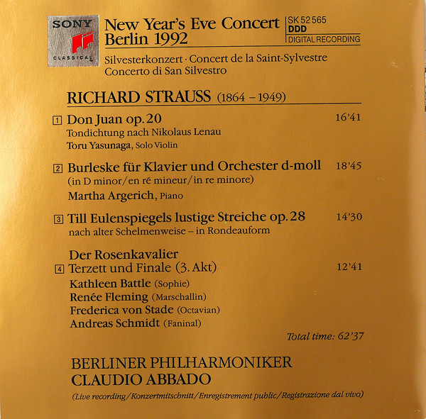 Richard Strauss – Berliner Philharmoniker, Claudio Abbado - New Year’s Eve Concert 1992 (CD, Gol) (Near Mint (NM or M-)) - Image 2