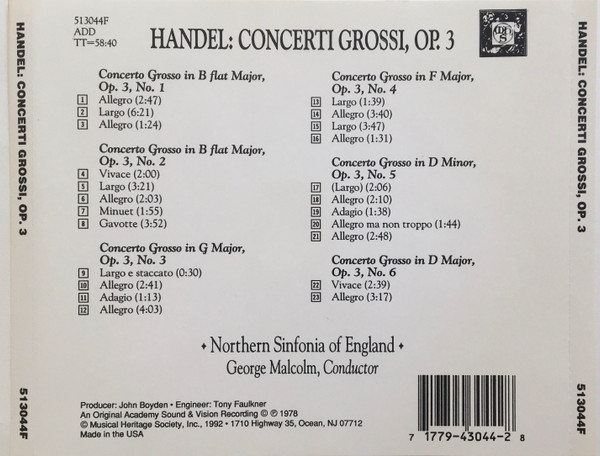 Georg Friedrich Händel, Northern Sinfonia, George Malcolm - Concerti Grossi, Op. 3 (CD, Album, RE) (Near Mint (NM or M-)) - Image 3