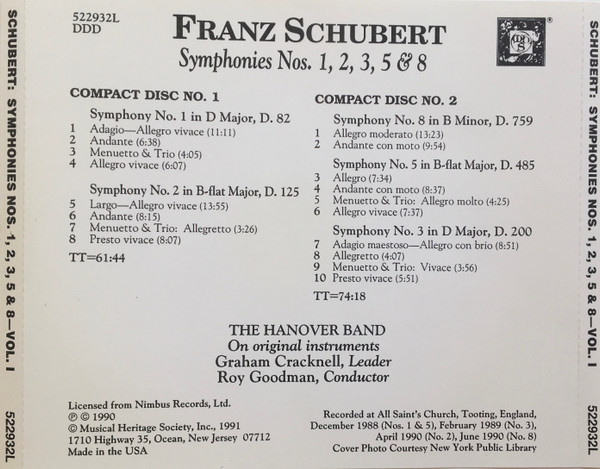 Franz Schubert, Hanover Band, Roy Goodman - The Symphonies Nos. 1,2,3,5 & 8 Volume I (2xCD) (Near Mint (NM or M-)) - Image 2