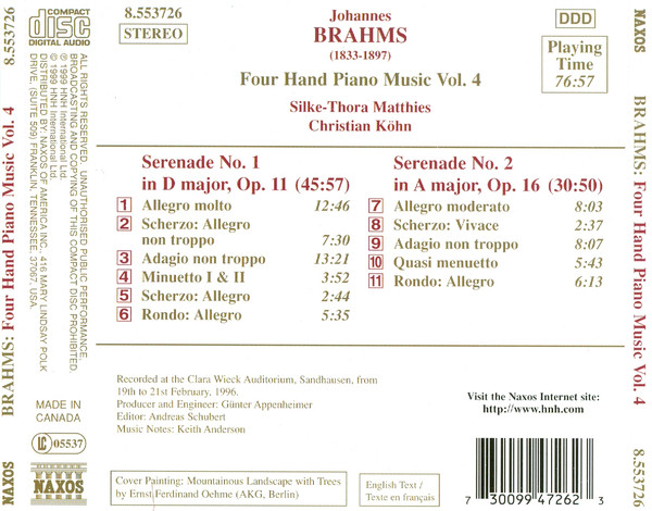 Johannes Brahms - Christian Köhn, Silke-Thora Matthies - Four Hand Piano Music Vol. 4 - Serenades Nos. 1 and 2 (CD, Album) (Near Mint (NM or M-)) - Image 2