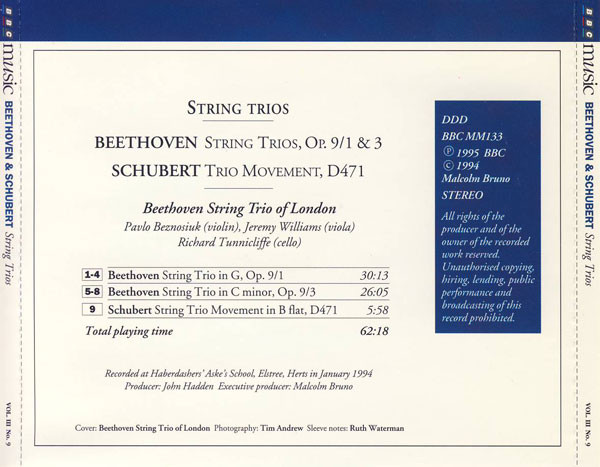 Ludwig van Beethoven / Franz Schubert - Beethoven String Trio Of London - String Trios (String Trios, Op. 9/1 & 3 / Trio Movement, D471) (CD) (Near Mint (NM or M-)) - Image 3