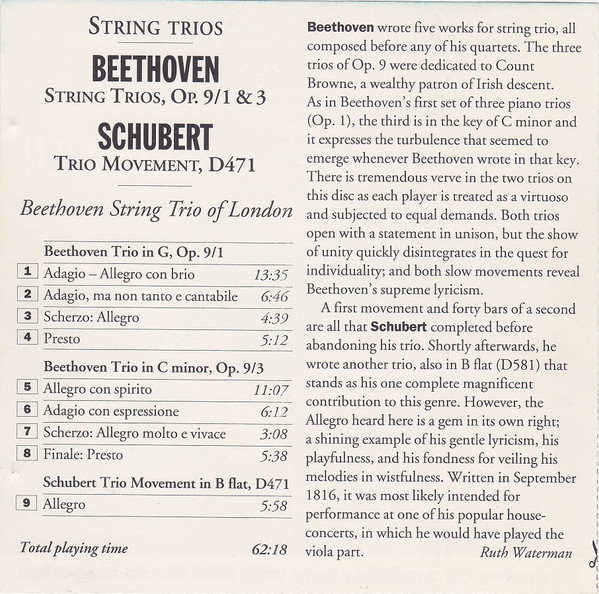 Ludwig van Beethoven / Franz Schubert - Beethoven String Trio Of London - String Trios (String Trios, Op. 9/1 & 3 / Trio Movement, D471) (CD) (Near Mint (NM or M-)) - Image 4