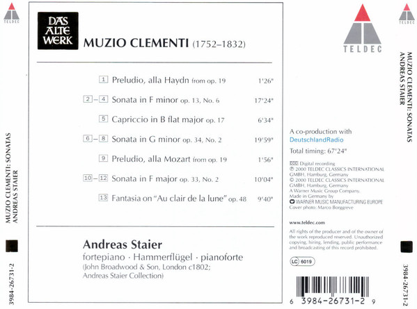 Muzio Clementi, Andreas Staier - Sonatas (CD) (Near Mint (NM or M-)) - Image 2