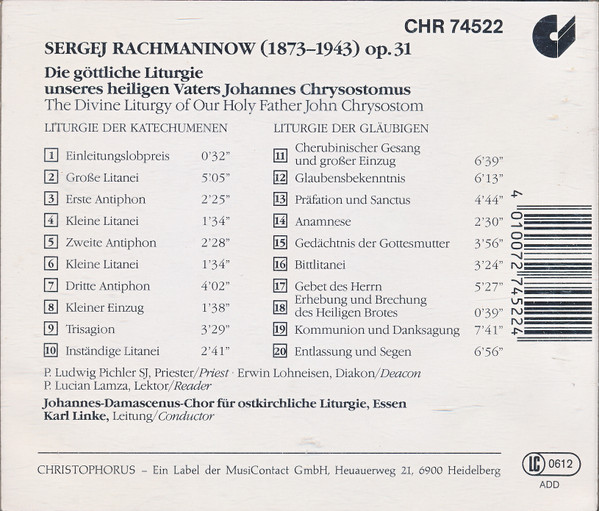 Sergei Vasilyevich Rachmaninoff, The Johannes-Damascenus Choir Of Essen - Die Göttliche Liturgie Des Heiligen Vaters Johannes Chrysostomus = The Divine Liturgy Of Our Holy Father John Chrysostom (CD, Album) (Near Mint (NM or M-)) - Image 2