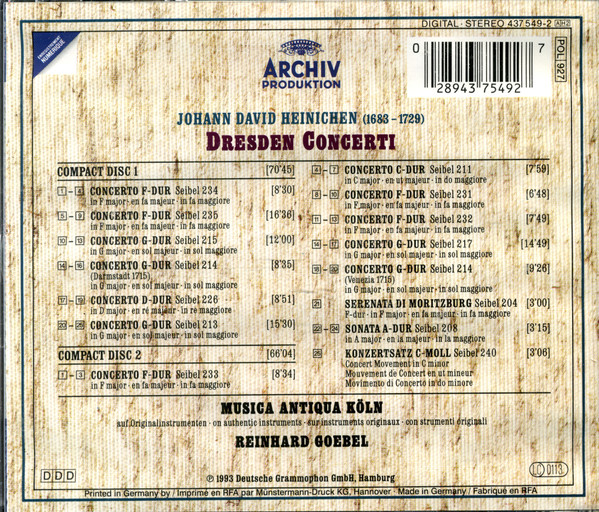 Johann David Heinichen – Musica Antiqua Köln, Reinhard Goebel - Dresden Concerti (2xCD, Album) (Near Mint (NM or M-)) - Image 2