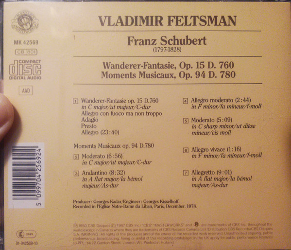 Franz Schubert, Vladimir Feltsman - Wanderer Fantasie / Moments Musicaux (CD, Album) (Near Mint (NM or M-)) - Image 2