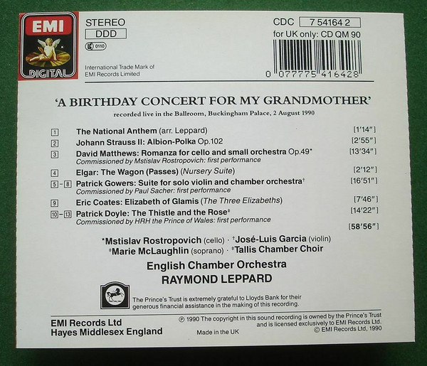 Mstislav Rostropovich, José-Luis Garcia, Marie McLaughlin, Tallis Chamber Choir, English Chamber Orchestra, Raymond Leppard - A Birthday Concert For My Grandmother (CD) (Near Mint (NM or M-)) - Image 2