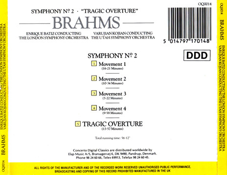 Johannes Brahms, Enrique Batiz Conducting London Symphony Orchestra / Varujan Kojian Conducting Utah Symphony Orchestra - Symphony N°2 - "Tragic Overture" (CD, RE) (Near Mint (NM or M-)) - Image 2