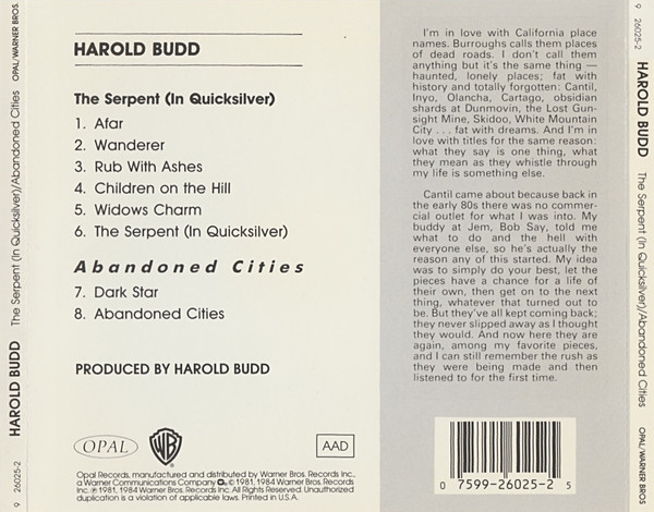 Harold Budd - The Serpent (In Quicksilver) / Abandoned Cities (CD, Comp) (Near Mint (NM or M-)) - Image 2