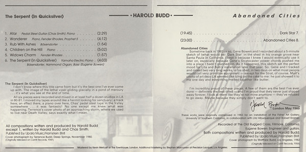 Harold Budd - The Serpent (In Quicksilver) / Abandoned Cities (CD, Comp) (Near Mint (NM or M-)) - Image 4