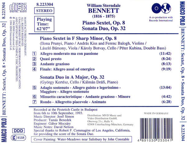 William Sterndale Bennett, Ilona Prunyi, Dráfi Kálmán, András Kiss, Ferenc Balogh (2), László Bársony, Péter Kubina, Károly Botvay, Kertész György - Piano Sextet, Op. 8 • Sonata Duo, Op. 32 (CD, Album) (Near Mint (NM or M-)) - Image 2