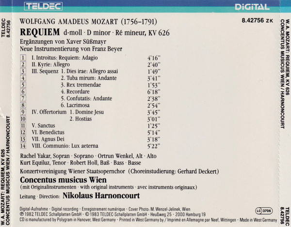 Wolfgang Amadeus Mozart, Rachel Yakar, Ortrun Wenkel, Kurt Equiluz, Robert Holl, Wiener Staatsopernchor, Concentus Musicus Wien, Nikolaus Harnoncourt - Requiem (CD, Album, RE) (Near Mint (NM or M-)) - Image 2