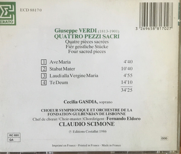 Giuseppe Verdi, Cecilia Gasdia, Chorus Of The Gulbenkian Foundation & Gulbenkian Orchestra, Claudio Scimone - Quattro Pezzi Sacri (CD, Album) (Near Mint (NM or M-)) - Image 3