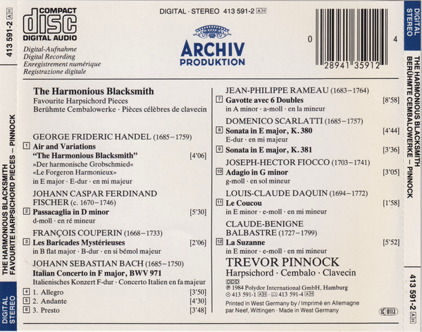 Trevor Pinnock - The Harmonious Blacksmith (Favourite Harpsichord Pieces = Berühmte Cembalowerke) (CD, Album, M/Print) (Near Mint (NM or M-)) - Image 2