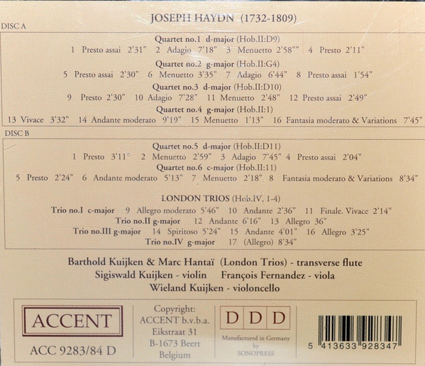 Joseph Haydn - Barthold Kuijken, Sigiswald Kuijken, Marc Hantaï, Wieland Kuijken, François Fernandez - Six Quartets Opus 5 - London Trios (2xCD, Album, RP) (Near Mint (NM or M-)) - Image 2