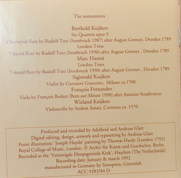 Joseph Haydn - Barthold Kuijken, Sigiswald Kuijken, Marc Hantaï, Wieland Kuijken, François Fernandez - Six Quartets Opus 5 - London Trios (2xCD, Album, RP) (Near Mint (NM or M-)) - Image 3