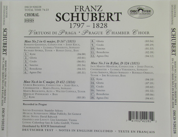 Franz Schubert, Virtuosi Di Praga • Prague Chamber Choir • Romano Gandolfi • Ulrich Backofen • Jack Martin Händler - Mass No. 2 In G, D167 - Mass No. 4, In C, D452 - Mass No. 3 In B Flat, D324 (CD) (Mint (M)) - Image 2