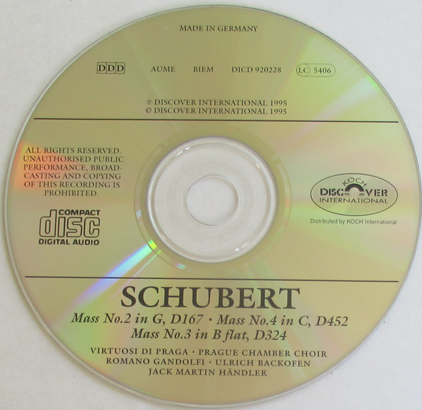Franz Schubert, Virtuosi Di Praga • Prague Chamber Choir • Romano Gandolfi • Ulrich Backofen • Jack Martin Händler - Mass No. 2 In G, D167 - Mass No. 4, In C, D452 - Mass No. 3 In B Flat, D324 (CD) (Mint (M)) - Image 3