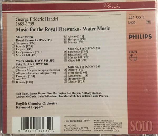 Georg Friedrich Händel, English Chamber Orchestra, Raymond Leppard - Water Music - Music For The Royal Fireworks (CD) (Near Mint (NM or M-)) - Image 2