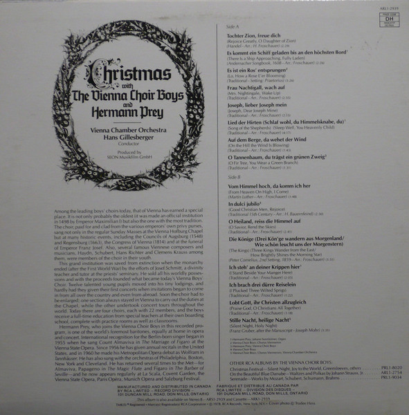Die Wiener Sängerknaben With Hermann Prey / Die Wiener Sängerknaben, Hans Gillesberger - Christmas With The Vienna Choir Boys And Hermann Prey (LP) (Mint (M)) - Image 2