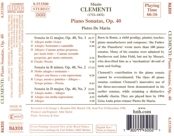 Muzio Clementi, Pietro De María - Piano Sonatas, Op. 40 (CD, Album) (Near Mint (NM or M-)) - Image 2
