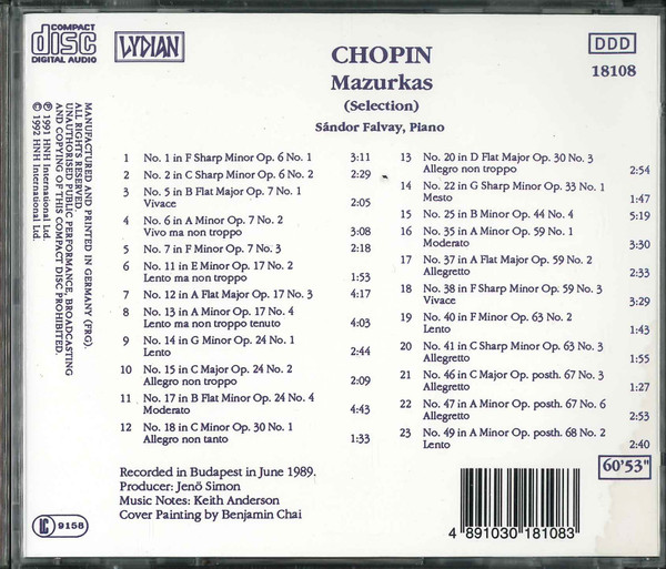 Frédéric Chopin, Sándor Falvai - Mazurkas (Selection) (CD, Album) (Near Mint (NM or M-)) - Image 2