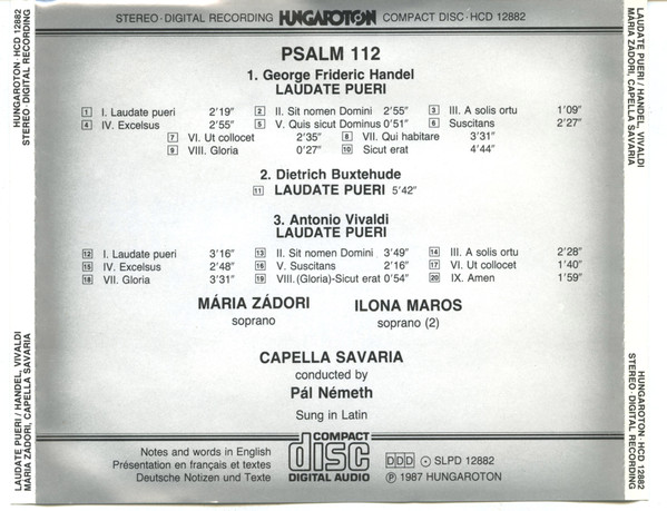 Georg Friedrich Händel / Dieterich Buxtehude / Antonio Vivaldi - Mária Zádori, Capella Savaria, Pál Németh - Laudate Pueri · Psalm 112 (CD, Album) (Near Mint (NM or M-)) - Image 2