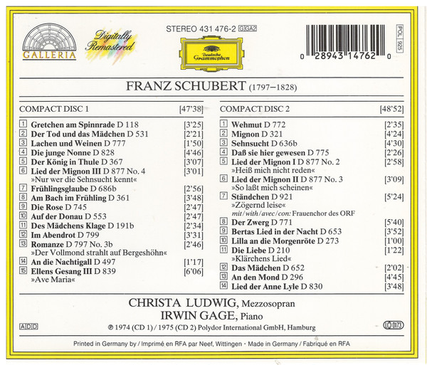 Franz Schubert, Christa Ludwig, Irwin Gage - Lieder (2xCD, RE, RM) (Near Mint (NM or M-)) - Image 2